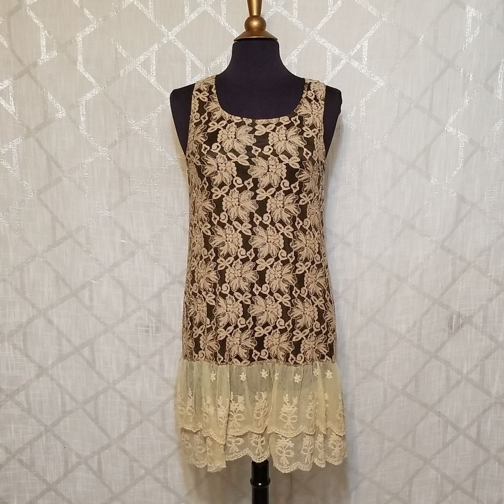 Rancho Estancia Dress Women's Small Cream Brown Lace Western Sleeveless New